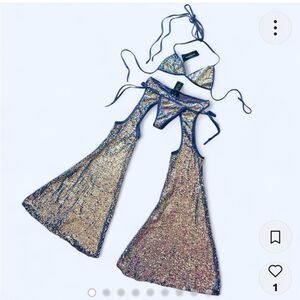 Purple iridescent Royal Reef Diva sequin wrap top, panty, and flare chaps szXXL